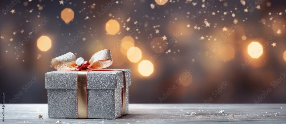 Aufkleber a shiny and silver christmas decoration with a gift box on a shiny background creates a visually str