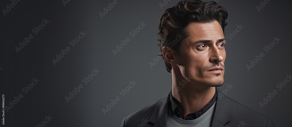 Poster A copy space image of an attractive man photographed in a studio with a gray background