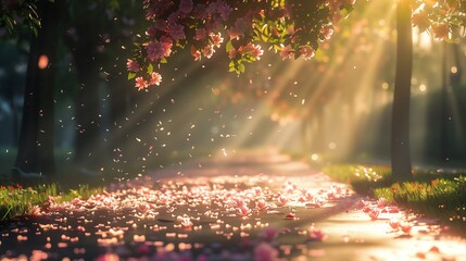 A sunlit park with wilted flowers drooping in the heat, petals scattered on the ground like confetti.