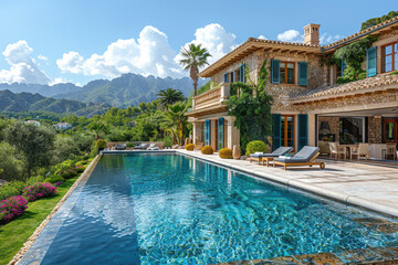 A stunning villa in Mallorca with an infinity pool, overlooking the mountains and greenery of Mallorca. Created with Ai