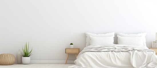 A white bedroom with a copy space image featuring a laptop peacefully resting on the bed symbolizing the concept of remote work