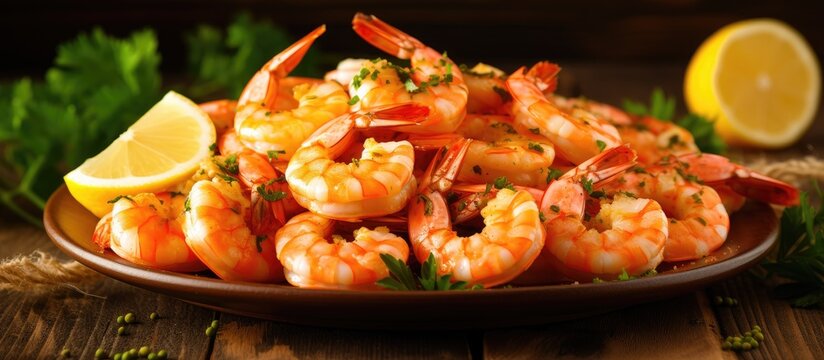 A plate of fried prawns is beautifully garnished with fresh lemon and dill creating an appealing copy space image 111 characters