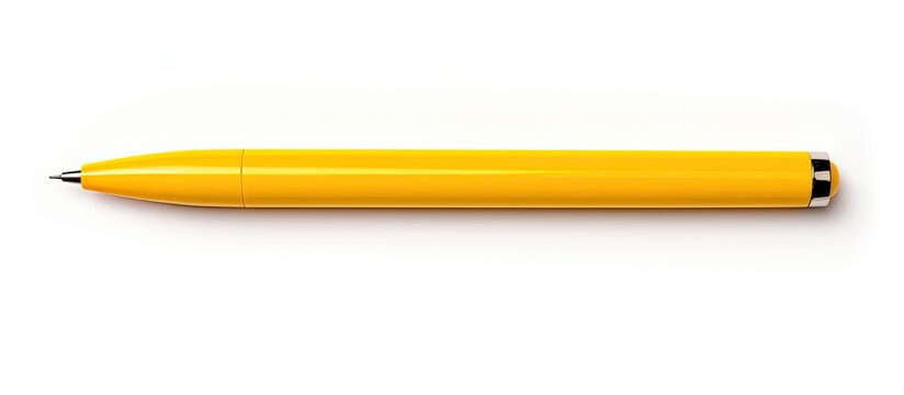 A yellow writing pen on a white background with plenty of empty space around it Ideal for use as a copy space image