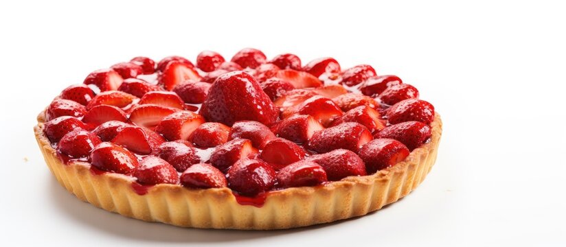 A strawberry tart is placed on a white background leaving ample space for additional images or text