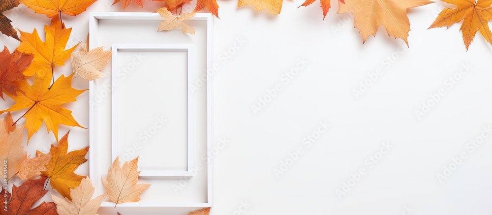 Poster autumn leaves surround a white square frame creating a picturesque copy space image