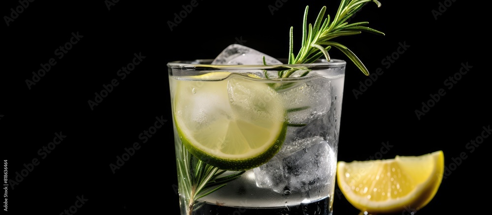 Poster copy space image of a gin tonic fizz or gimlet cocktail with lemon rosemary and ice situated against
