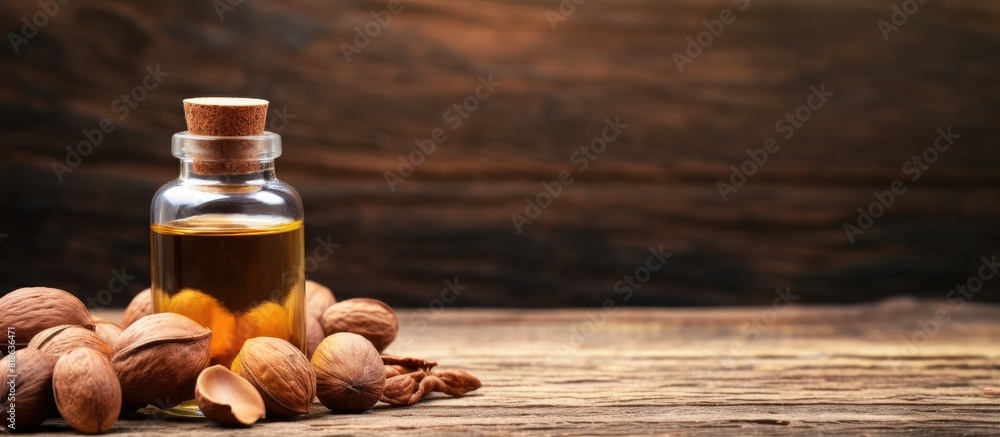 Poster Closeup copy space image of a bottle of nutmeg oil and nuts arranged on a rustic wooden table providing ample room for adding text