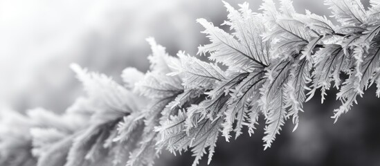 A close up winter background with icy spruce branches in black and white providing ample space for text in the image