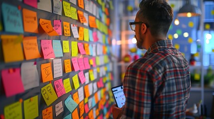 A team brainstorming session, sticky notes covering a whiteboard.
