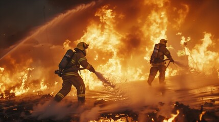 A team of firefighters working together to extinguish a blazing inferno, hoses spraying water.