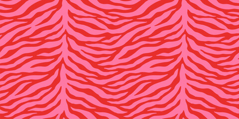 Hot pink on red tiger skin print seamless pattern. Bold hand drawn tiger stripes flat style vivid red safari background.