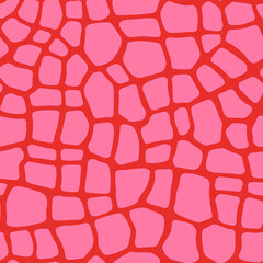 Abstract pink and red giraffe skin spots seamless pattern. Hot pink hand drawn organic cut out shapes on red background.