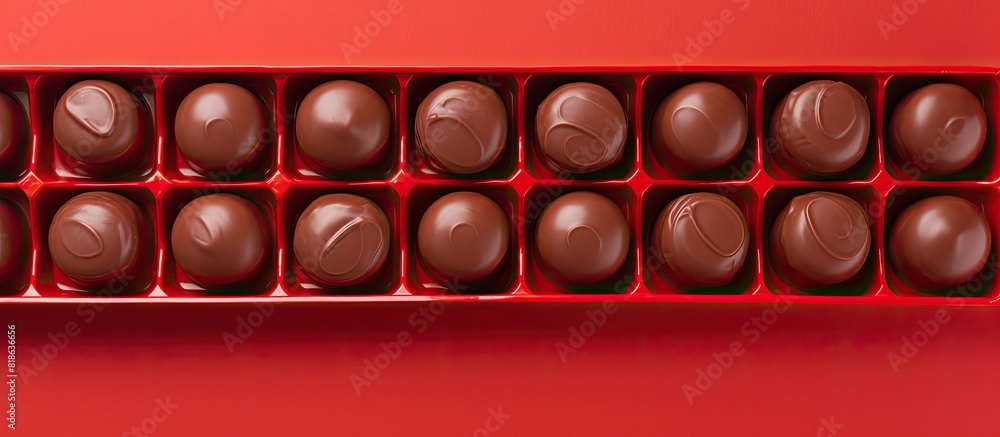 Poster Top view of a partially empty box of chocolate candies on a red background providing ample space for text
