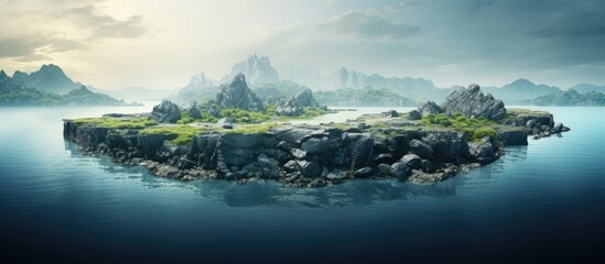 A tiny island with rocky terrain. Creative banner. Copyspace image