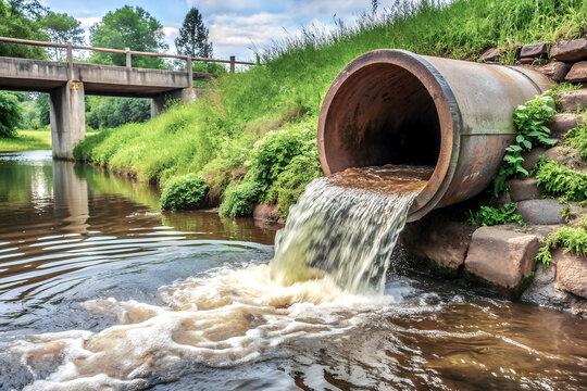 Dirty sewage flows down the sewer pipe into the river, polluting the environment