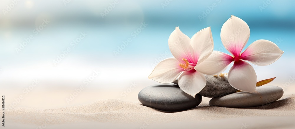 Aufkleber close up image of spa stones with a flower on a sandy beach offering a beautiful and tranquil copy s