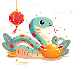 Chinese New Year flat vector design with cute snake, ingots, green plants, oriental clouds.