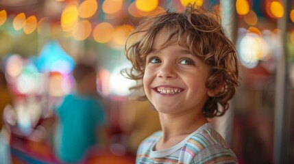 Smiling child with curly hair enjoying a day at the amusement park, surrounded by vibrant lights and bokeh background.