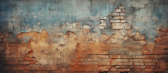 Obraz premium An abstract grunge texture of a vintage wallpaper with a broken brick wall in the background providing copy space for design