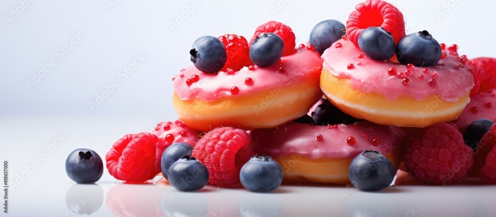 Aufkleber glazed mini donuts with fresh raspberries and blueberries in an image with copy space