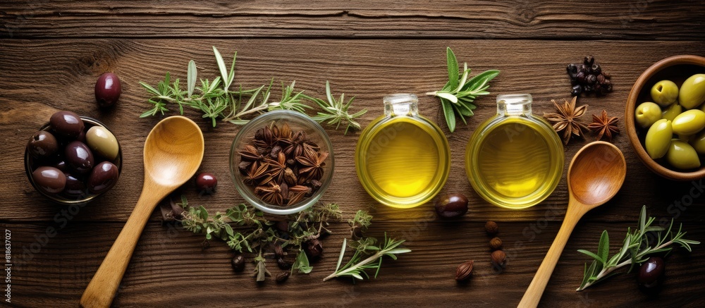 Poster A top view of cooking utensils and olive oil on a wooden table providing ample space for additional content or images