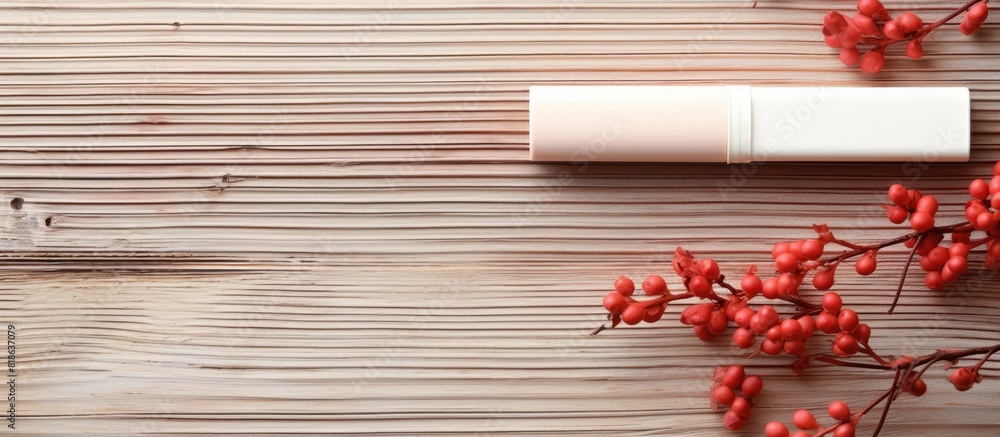 Poster top view of lip balms and branches on a wooden background with space for text. creative banner. copy