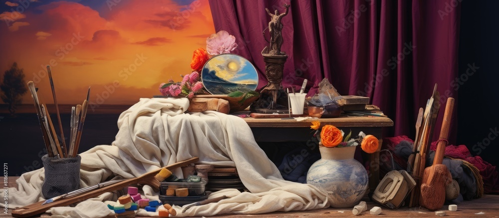 Poster copy space image featuring a background adorned with various art equipment and fabric undertakings