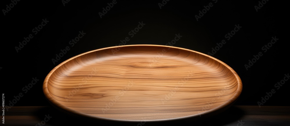 Poster Copy space image of a wooden plate void of any food placed against a backdrop of pure black