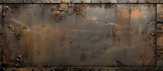The copy space image features aged metal surfaces adorned with rivets