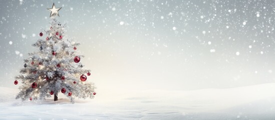 A festive Christmas themed image featuring a decorated Christmas tree with a white board and snowflakes for copy space
