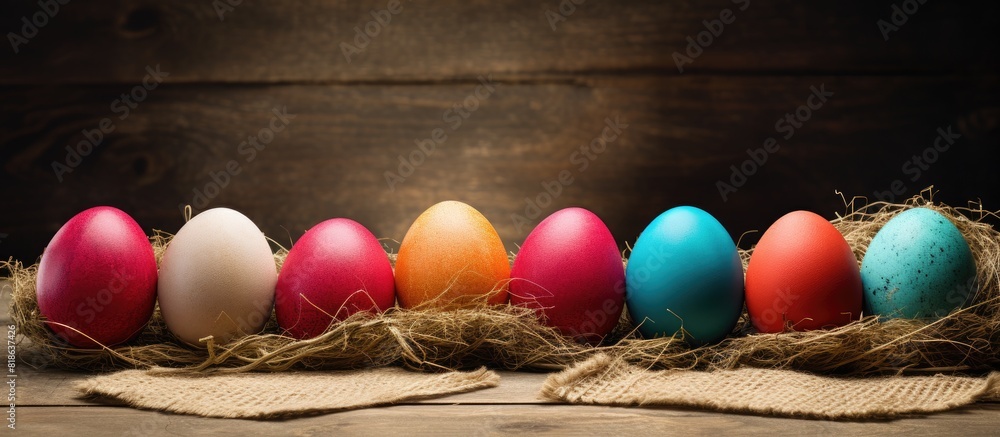 Poster Colorful Easter eggs are creatively displayed on a rustic backdrop of burlap and straw with plenty of copy space image