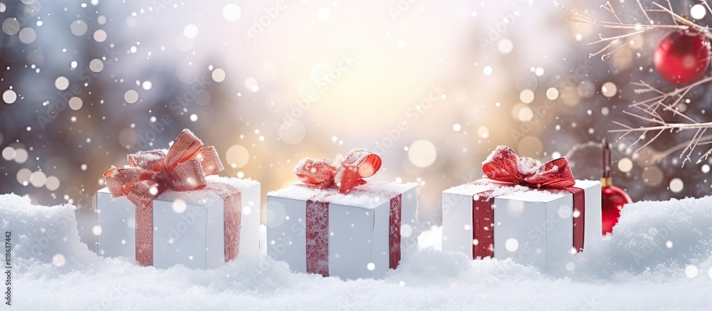 Poster A copy space image of white gift boxes adorned with a red bow placed in the snow with shimmering party lights in the background