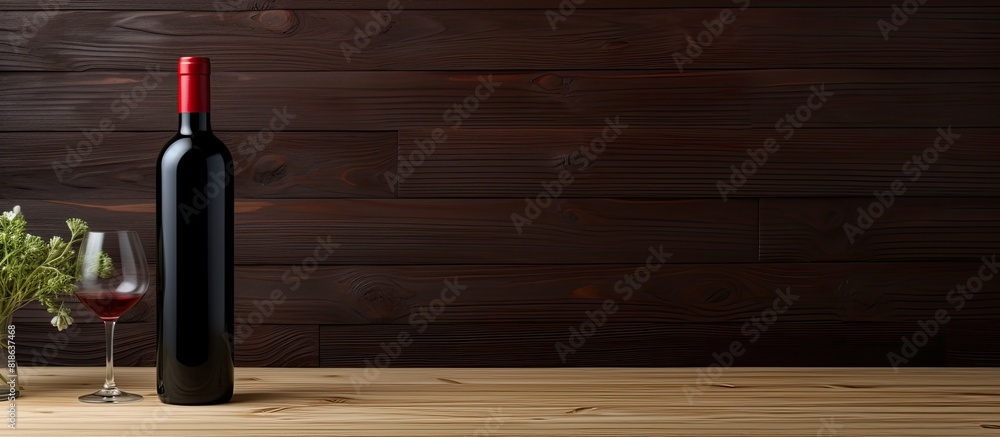 Poster a red wine bottle featuring a black label is placed on a wooden table serving as a perfect copy spac