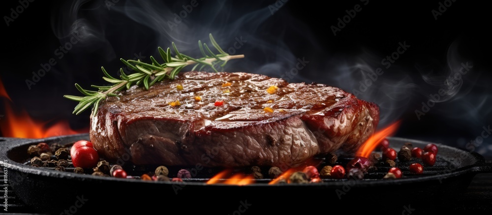 Poster a beef steak sizzling on a cast iron skillet with plenty of room for text in the background. creativ