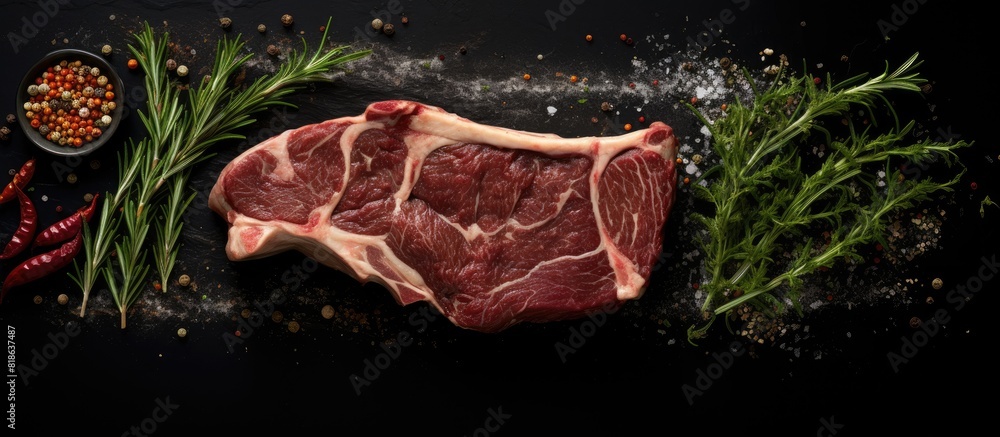 Aufkleber a copy space image of a raw beef bone rib steak is displayed on a black board embellished with herbs