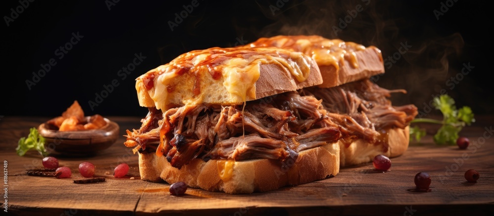 Aufkleber a copy space image of a mouthwatering pulled pork sandwich with melted cheese served on a rustic woo