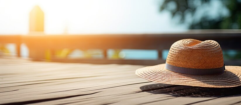 The wooden deck holds a sunlit wet straw hat with a copy space image It s perfect for beachside restaurants or outdoor gatherings