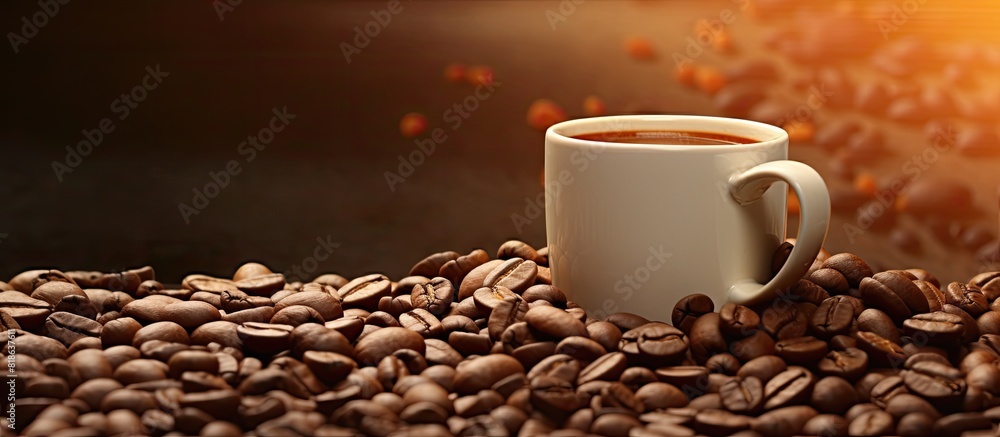 Aufkleber a coffee mug placed on a coffee bean textured background with copy space image