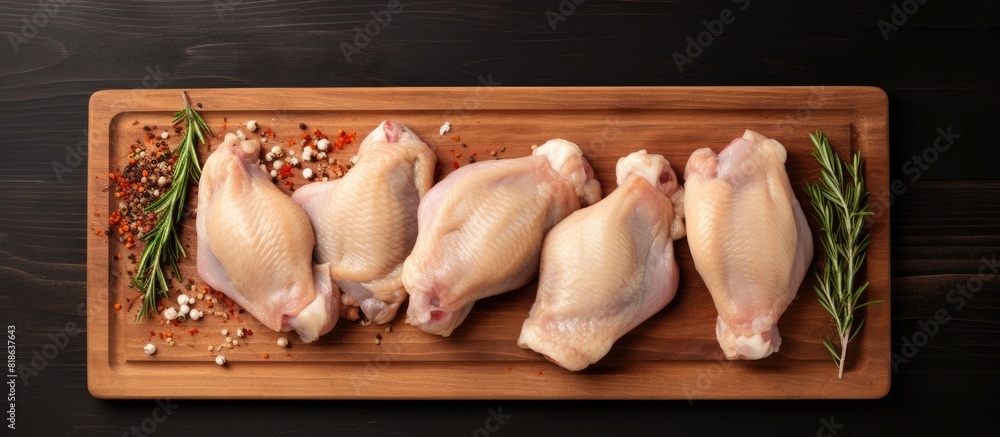Aufkleber A top down view of raw chicken legs or drumsticks on a cutting board with sufficient space for text or graphics. Creative banner. Copyspace image