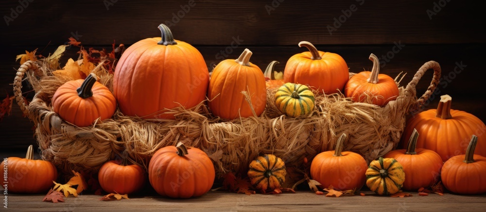 Poster A copy space image of fall pumpkins neatly arranged in a rustic straw basket