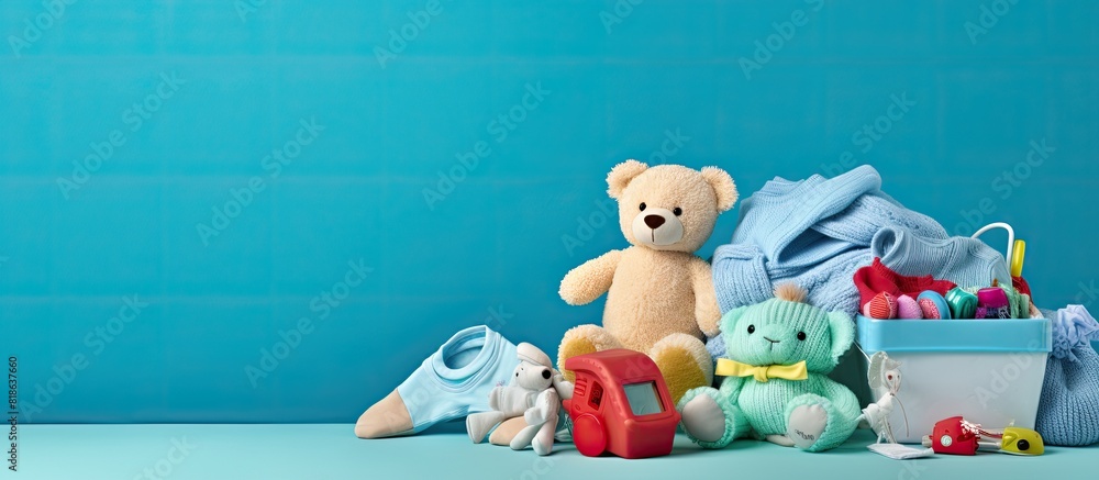 Poster copy space image featuring a variety of baby accessories placed on a light blue background providing