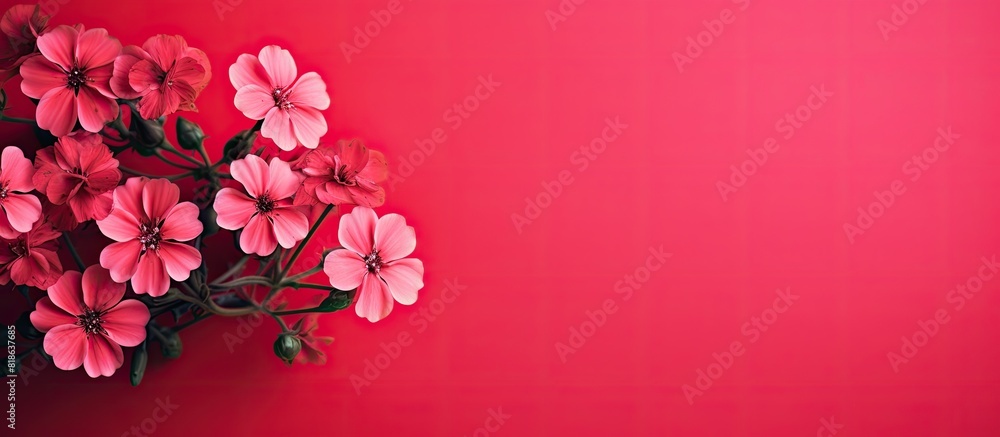 Poster a visually appealing copy space image consists of adorable pink flowers placed on a vibrant red back