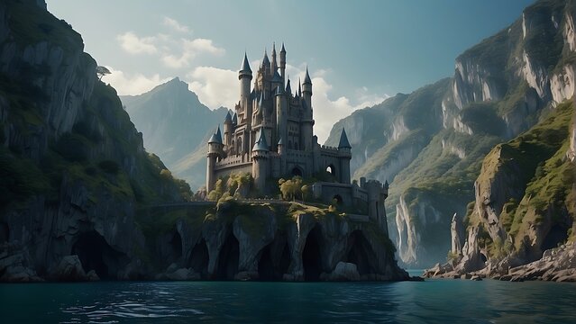 Fantasy castle on the cliff side Panoramic sea view with city and surrounding nature in summer.