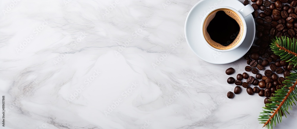 Canvas Prints A copy space image of a black coffee placed on a marble table is accompanied by milk and pine cones