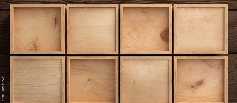 Aufkleber Top view layout of an isolated wooden box concept with eight wooden blocks inside creating a mock up image with copy space