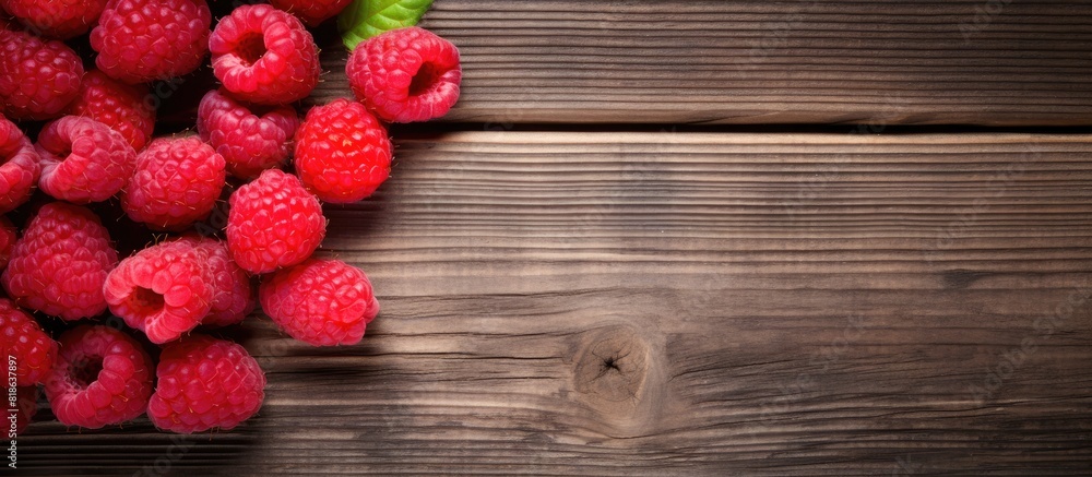 Poster A copy space image showcasing fresh raspberries displayed on a rustic wooden backdrop