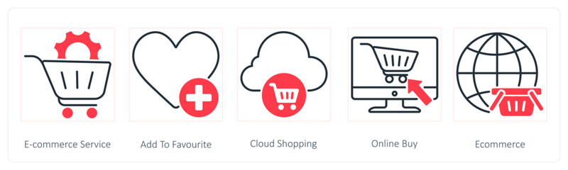 A set of 5 Seo icons as ecommerce service, add to favorite, cloud shopping