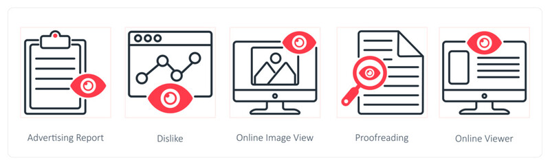 A set of 5 Seo icons as advertising report, dislike, online image view