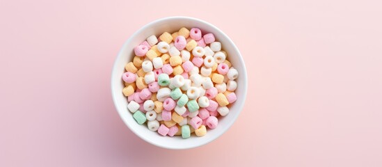 An aerial perspective of a bowl filled with cereal rings and marshmallows creating an appealing copy space image