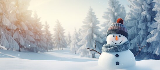 A snowman standing in a gentle snowfall on Christmas day with ample room for a personalized message in the copy space image